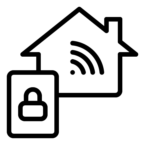 Line icon featuring a house with a Wi-Fi signal and a mobile device showing a secure padlock.