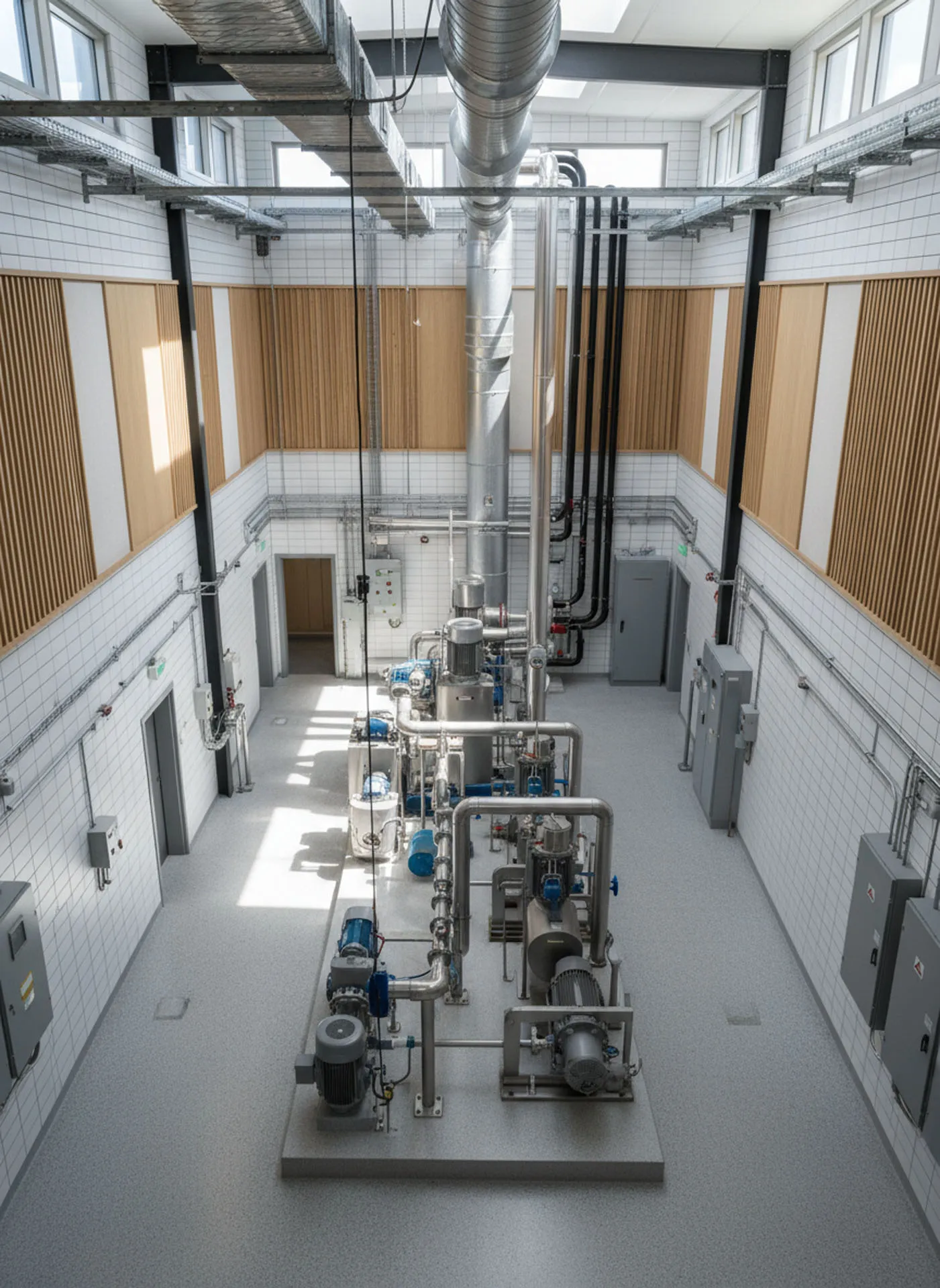 High-angle view of industrial pumps, stainless steel piping, and electrical panels in a clean utility facility.