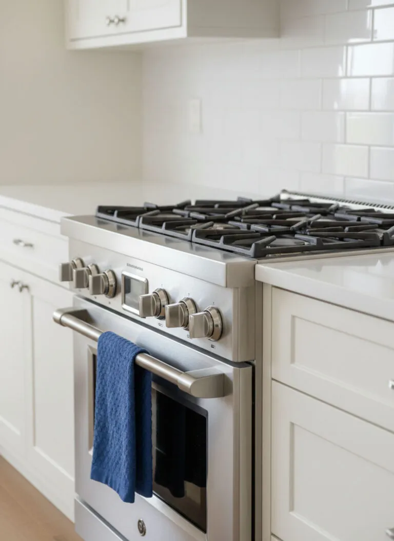 Professional-grade stainless steel gas range installed in a modern kitchen with white shaker cabinets and subway tile.