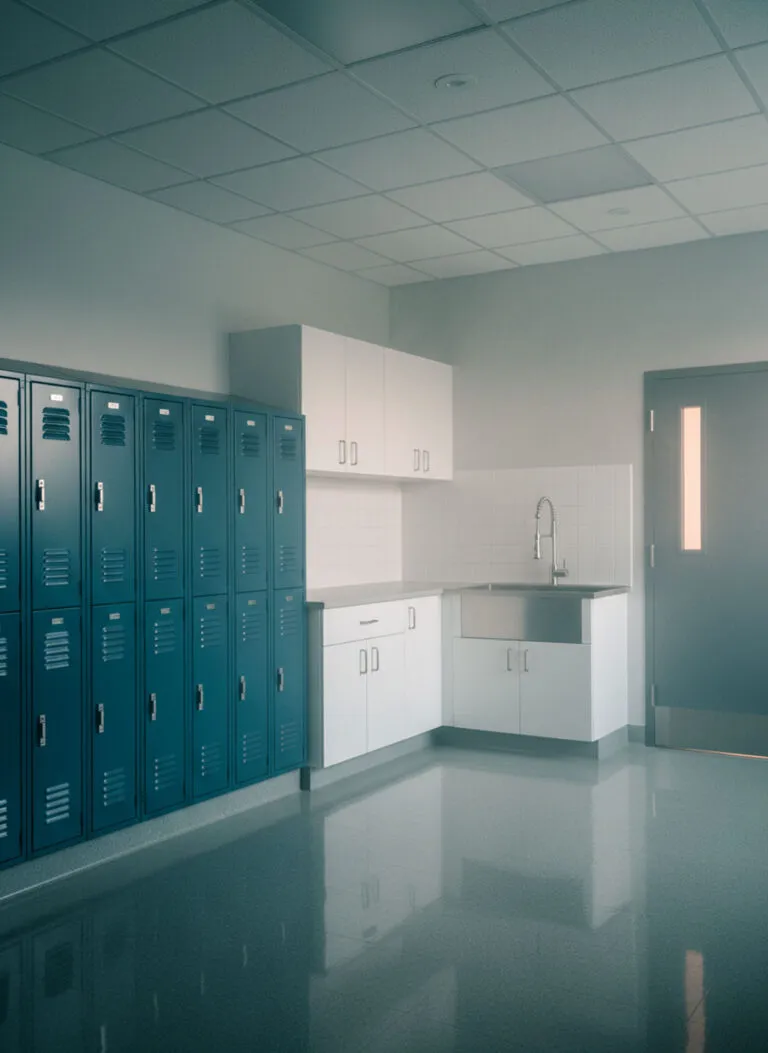 Modern commercial utility room with blue metal lockers, white cabinets, and a stainless steel industrial sink.