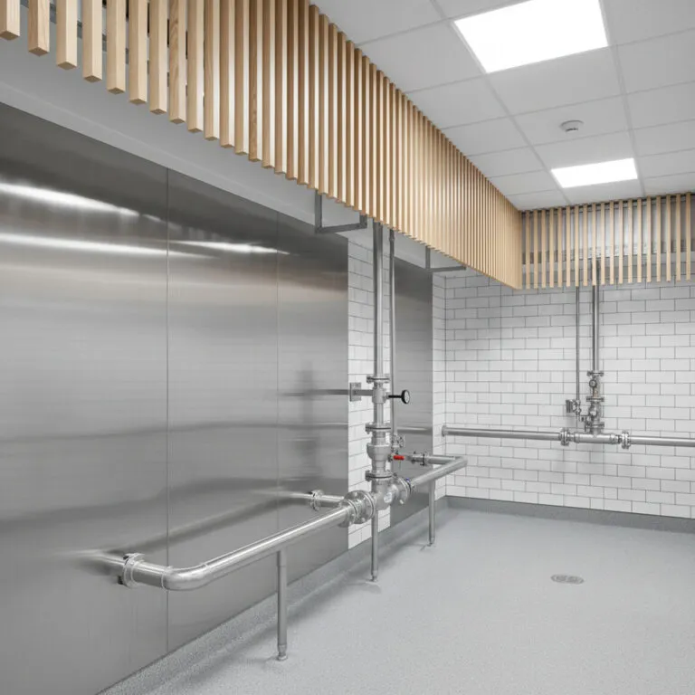 Industrial room featuring stainless steel wall panels, white subway tiles, exposed piping, and wood slat ceiling.
