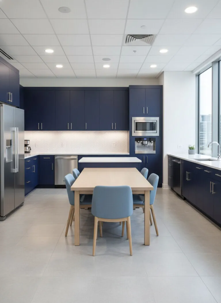 Modern commercial breakroom with navy blue cabinets, white countertops, and a wooden dining table with blue chairs.