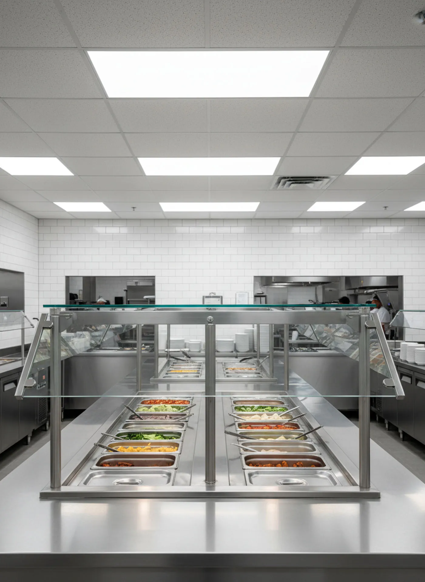 Commercial kitchen food service line with stainless steel trays, glass sneeze guards, and white subway tile walls.