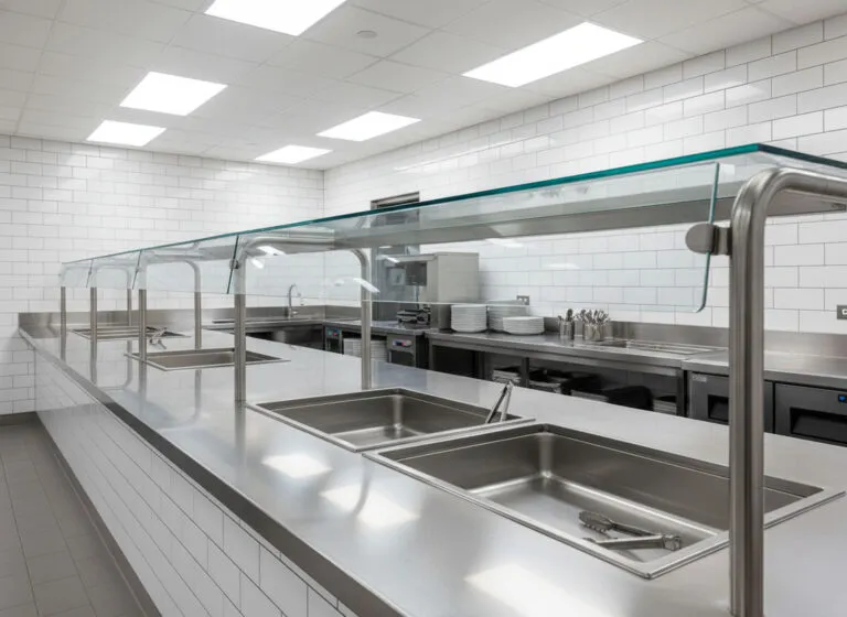 Stainless steel commercial kitchen serving line with glass sneeze guards and white subway tile backsplash.