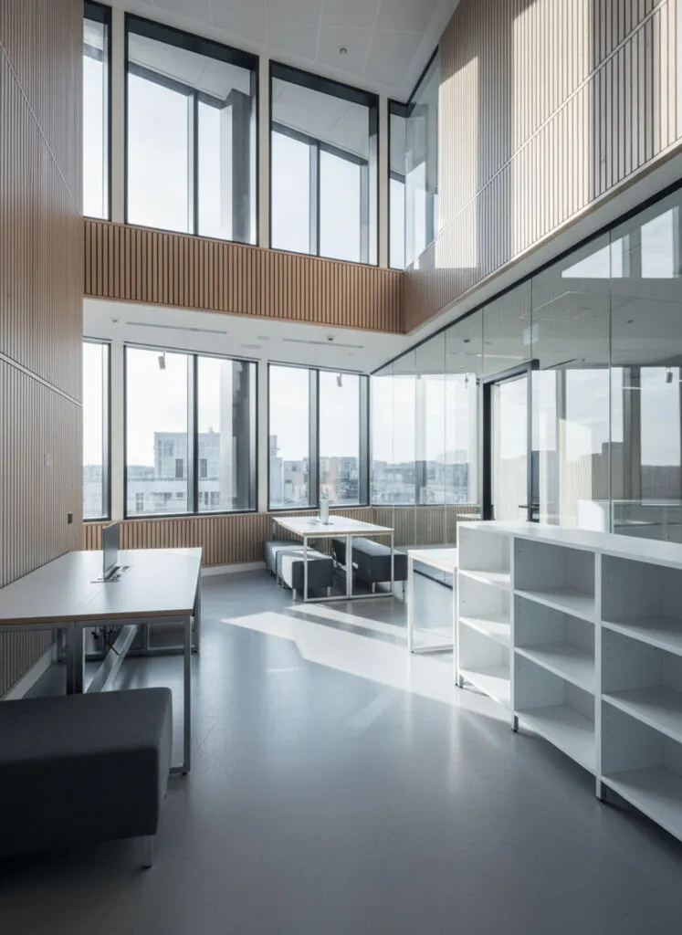 Modern open-concept office space featuring vertical wood slat walls, glass partitions, and large industrial windows.