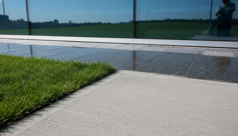 Close-up of a seamless transition between a green lawn, light concrete walkway, and polished dark granite tiles.